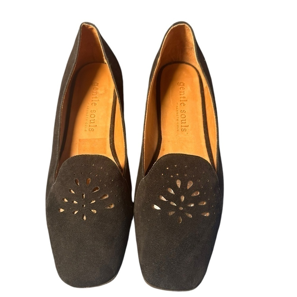 Gentle souls Black Suede Leather Slip-on Moccasin Flats Rubber Sole - Picture 2 of 11